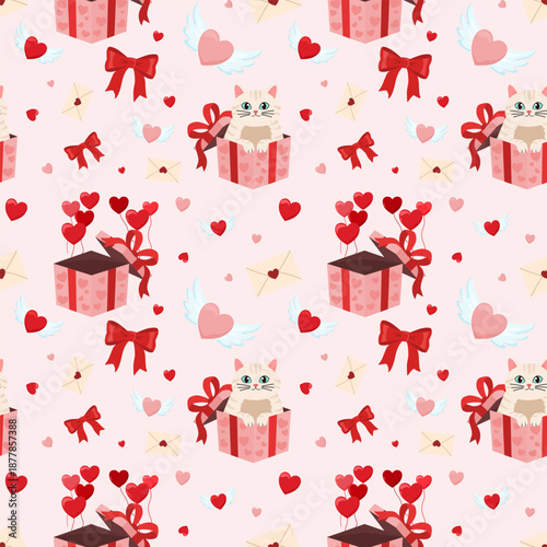 Seamless vector pattern with cute cat in gift box on pink background. Valentine's Day textile.