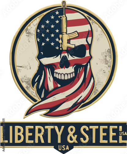 Liberty & Steel USA Patriotic Skull Vector Graphic, American Flag & Rifle Design