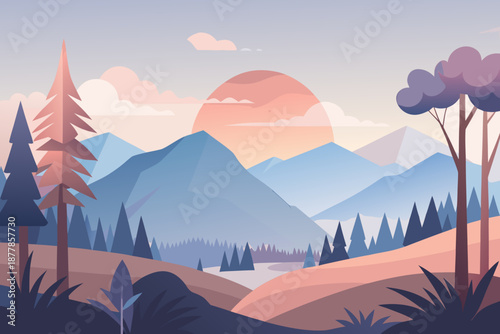 Soft minimal of a quiet forest with mountains and sunset trees nature