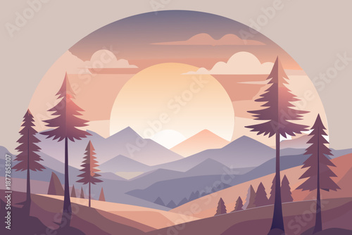 Ultra Soft Minimal of a Serene Mountain Landscape with Sun and Trees sunset