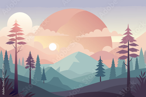 Ultra soft minimal of a serene mountain landscape with trees and sunset