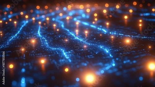 Digital Energy Pathways: An abstract display of glowing orange and blue lights, representing the flow of data or energy across a dark, textured surface, evokes a sense of technology and innovation. 