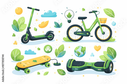 Eco-friendly transport: e-scooter, bicycle, skateboard, hoverboard with nature elements