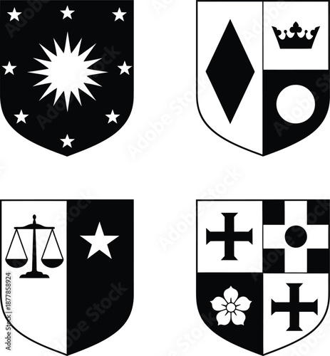 Collection of Four Heraldic Shields Featuring Various Symbols and Designs
