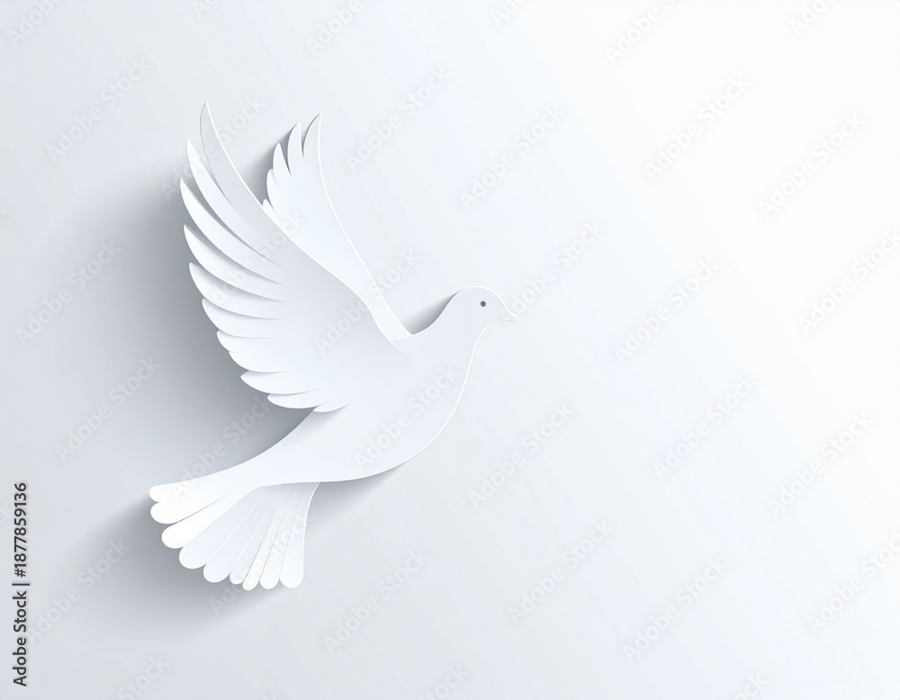 Fototapeta premium Elegant white paper cutout dove gracefully flying with outstretched wings, symbolizing peace and freedom against a subtle light background, artistic shadow adding depth