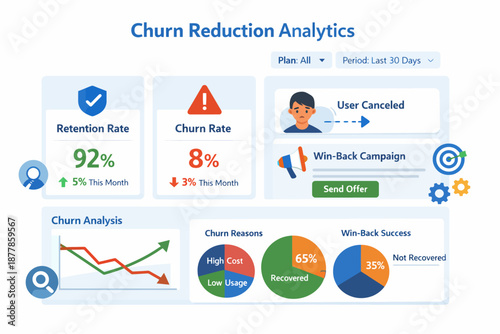 Churn reduction analytics dashboard with key metrics and user insights