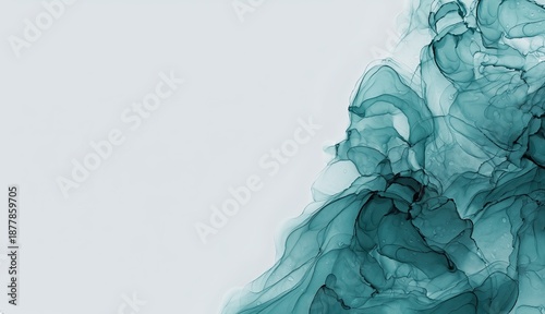 Abstract alcohol ink art, deep teal fluid ink flowing from right side