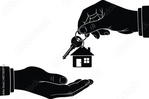 Black Silhouette Vector of Hand Giving House Keys to Another Person Symbolizing Real Estate Sale Property Closing Mortgage Approval and New Home Ownership Journey