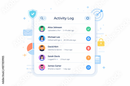 User activity log interface with avatars and notifications