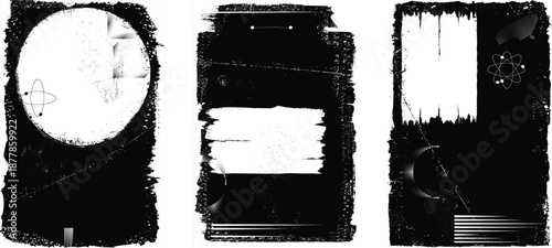 Distressed masks overlays set, rough edges, grunge textured space for text. Grungy poster layers set. Design element for brochure, social media, posters, flyers. Overlay texture.
