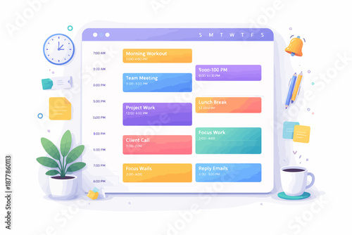 Colorful daily planner with schedule blocks and office supplies
