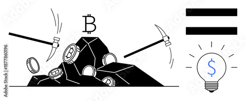 Pickaxes hitting rocks with coins and Bitcoin logo symbolizing cryptocurrency mining. Light bulb with dollar sign representing innovation and profit. Ideal for cryptocurrency, finance, digital