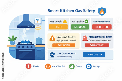 Smart kitchen gas safety dashboard with alerts and monitoring features