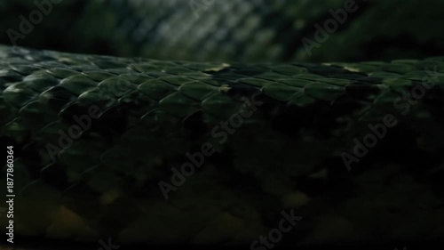 Extreme Macro Close-Up of Dark Green Python or Serpent Scales. Detailed Texture and Pattern of Reptilian Skin Surface.