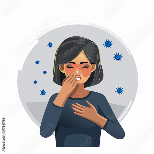 Woman experiencing coughing fit surrounded by virus particles illustration