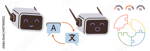 Language translation, AI communication, data processing, global access, multilingual connection, technology concept. Two robots exchanging text icons and symbols. Language translation and AI