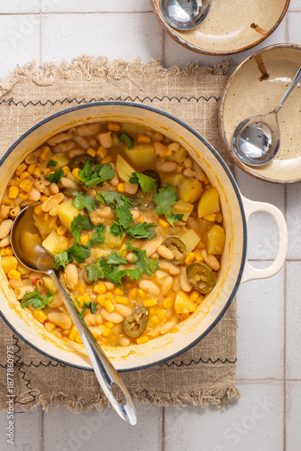 white bean chili comfort food, bean soup, yellow bean indian soup in a pot