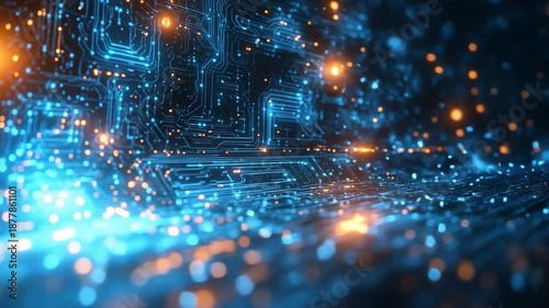 Digital Circuitry Landscape: A mesmerizing digital landscape of glowing circuitry, showcasing intricate lines, and points of light that represent the complex world of technology and innovation.