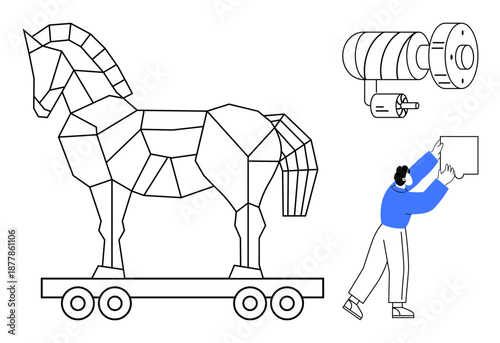 Trojan horse concept. Stylized polygonal horse s cybersecurity threats and deception. Trojan horse online fraud and cyber vulnerability. Useful for security, hacking, software, digital threats