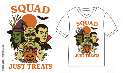 Retro cartoon halloween monster squad graphic design for t shirt mockup