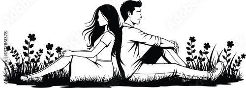 Romantic couple sitting back to back on grass, peaceful relationship moment, love and connection concept, minimalist black vector illustration