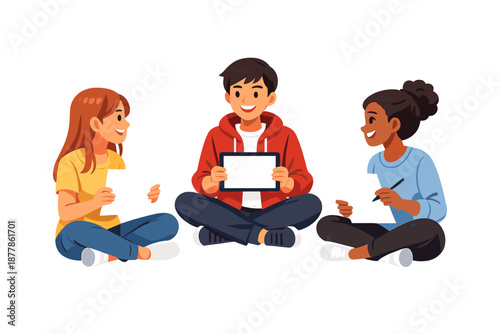 Diverse group of friends learning together with digital devices