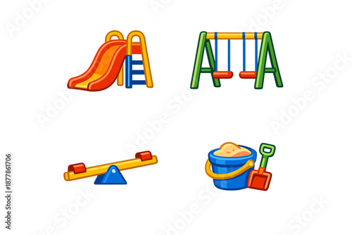 Playground equipment icons: slide, swing set, seesaw, sandbox