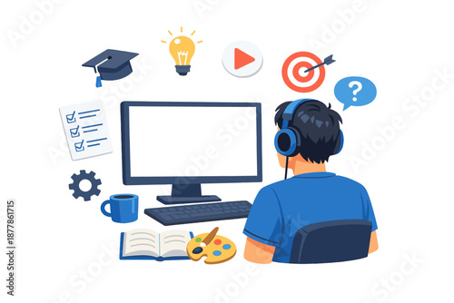Student learning online with headphones and computer