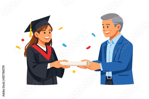 Graduation ceremony: student receives diploma from a presenter
