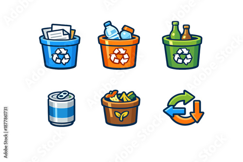 Recycling icons with bins and recycling symbols