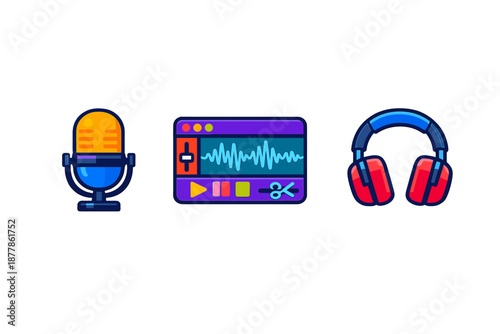 Audio recording icons: microphone, editing software, and headphones