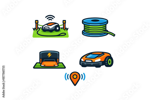 Robotic lawn mower and accessories flat icons