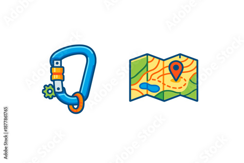 Climbing carabiner and folded map with GPS marker icons