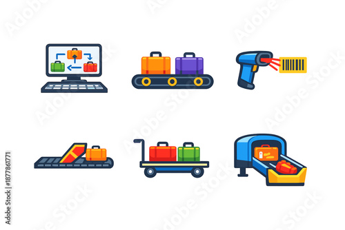 Airport baggage handling icons set