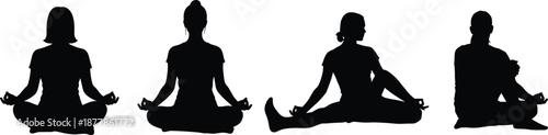 Woman yoga and meditation silhouette poses collection, seated stretching and mindfulness practice, female wellness concept, black and white vector illustration set