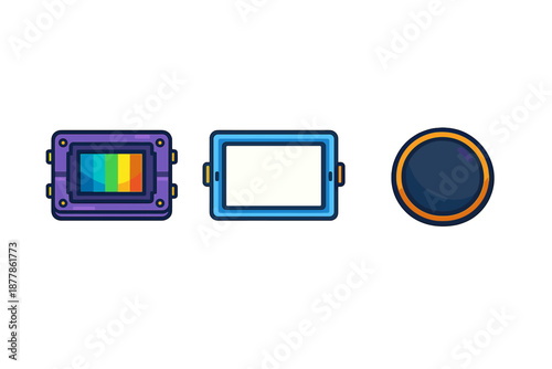 Digital Devices Icons: Rainbow Screen, White Screen, and Round Button