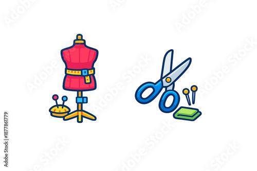 Sewing tools and mannequin icons with neon glow effect