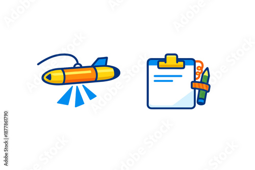 Underwater drone and clipboard with pencil icons