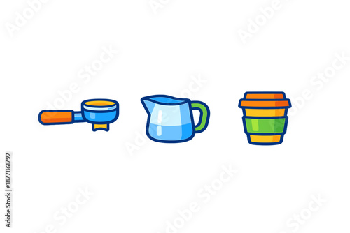 Coffee making icons: portafilter, milk pitcher, and to-go cup