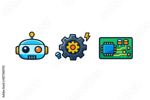 Robot, Gear, and Circuit Board Icons on Dark Background