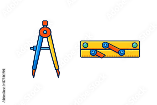 Set of drawing and measuring tools: compass and folding ruler