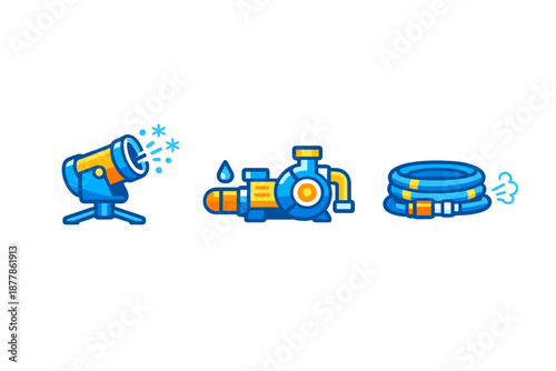 Water pump, snow cannon and hose icons with glowing effect