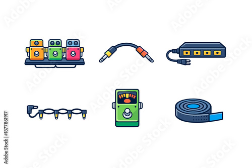 Set of guitar effects pedals and accessories icons