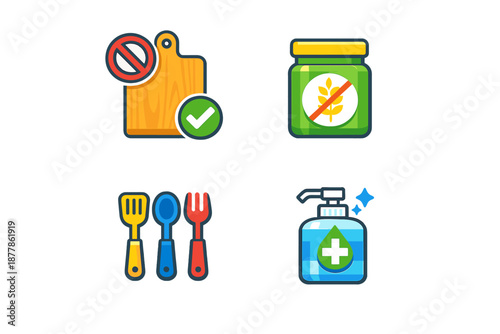 Set of icons: kitchen safety, gluten-free, utensils, hand sanitizer