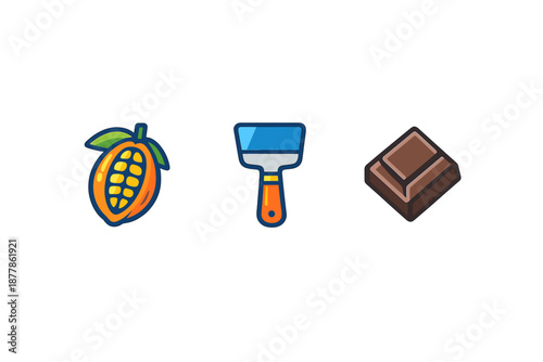 Cocoa pod, paint spatula, and chocolate bar icons with glowing effect