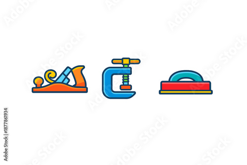 Woodworking tools icons: plane, clamp, sander