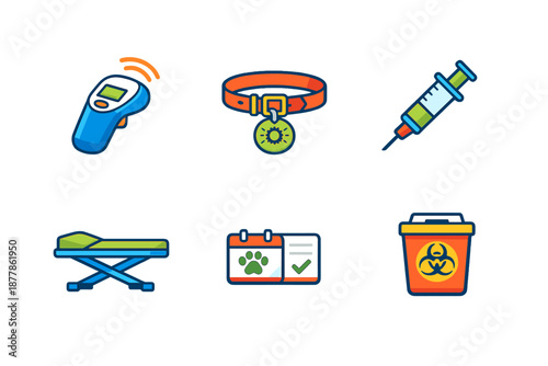 Veterinary icons: thermometer, collar, syringe, stretcher, calendar