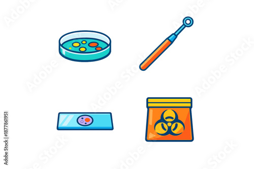 Laboratory equipment icons: petri dish, slide, tool, biohazard bag