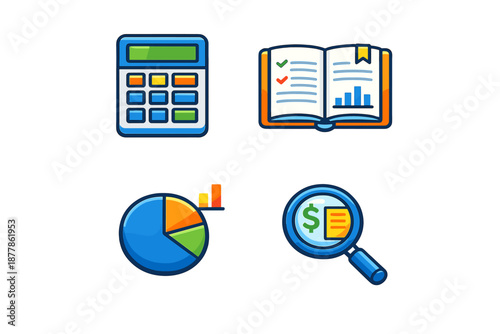 Business and finance icons: calculator, book, chart, and magnifying