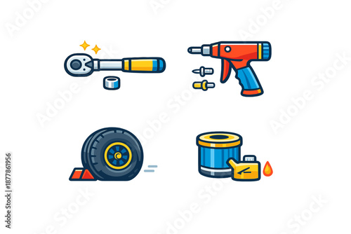 Car maintenance icons: wrench, spray gun, wheel, oil filter